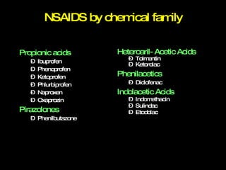 NSAIDS by chemical family Propionic acids Ibuprofen Phenoprofen Ketoprofen Phlurbiprofen Naproxen Oxaprozin Pirazolones Phenilbutazone Heteroaril- Acetic Acids Tolmentin Ketorolac Phenilacetics Diclofenac Indolacetic Acids Indomethacin Sulindac Etodolac 
