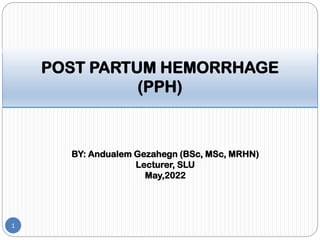 1
POST PARTUM HEMORRHAGE
(PPH)
BY: Andualem Gezahegn (BSc, MSc, MRHN)
Lecturer, SLU
May,2022
 