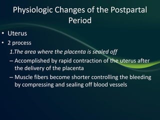 Physiologic Changes of the Postpartal
                   Period
• Uterus
• 2 process
   1.The area where the placenta is sealed off
   – Accomplished by rapid contraction of the uterus after
     the delivery of the placenta
   – Muscle fibers become shorter controlling the bleeding
     by compressing and sealing off blood vessels
 