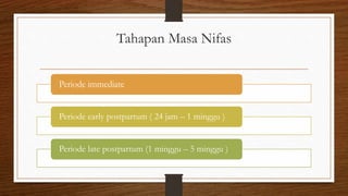 Tahapan Masa Nifas
Periode immediate
Periode early postpartum ( 24 jam – 1 minggu )
Periode late postpartum (1 minggu – 5 minggu )
 