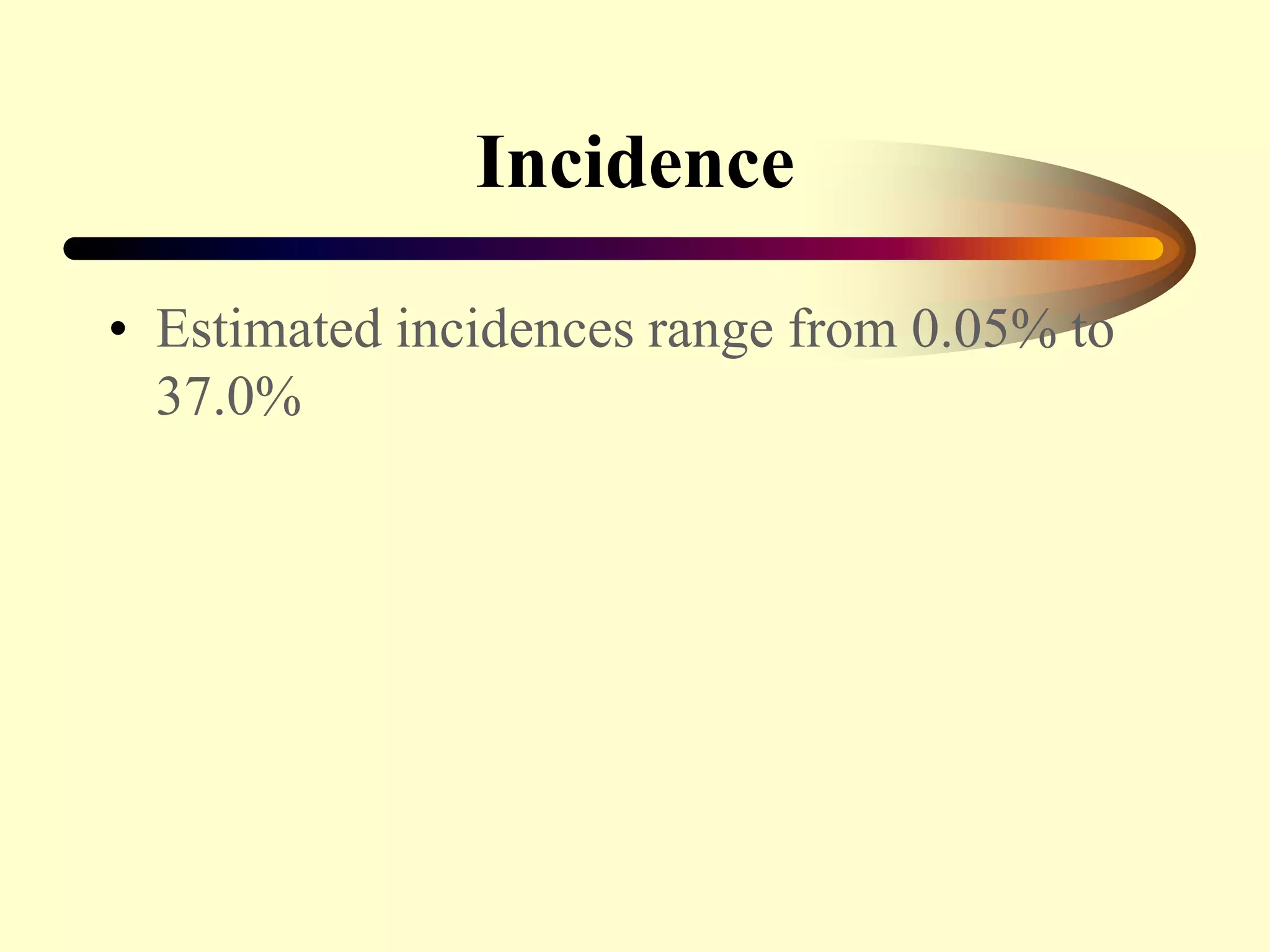 Incidence
• Estimated incidences range from 0.05% to
37.0%
 