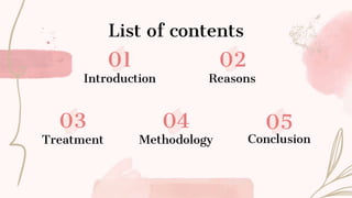 List of contents
Introduction Reasons
Treatment Methodology
01 02
03 04
Conclusion
05
 