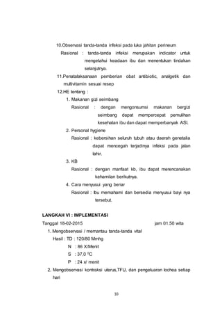 10
10.Observasi tanda-tanda infeksi pada luka jahitan perineum
Rasional : tanda-tanda infeksi merupakan indicator untuk
mengetahui keadaan ibu dan menentukan tindakan
selanjutnya.
11.Penatalaksanaan pemberian obat antibiotic, analgetik dan
multivitamin sesuai resep
12.HE tentang :
1. Makanan gizi seimbang
Rasional : dengan mengonsumsi makanan bergizi
seimbang dapat mempercepat pemulihan
kesehatan ibu dan dapat memperbanyak ASI.
2. Personal hygiene
Rasional : kebersihan seluruh tubuh atau daerah genetalia
dapat mencegah terjadinya infeksi pada jalan
lahir.
3. KB
Rasional : dengan manfaat kb, ibu dapat merencanakan
kehamilan berikutnya.
4. Cara menyusui yang benar
Rasional : Ibu memahami dan bersedia menyusui bayi nya
tersebut.
LANGKAH VI : IMPLEMENTASI
Tanggal 18-02-2015 jam 01.50 wita
1. Mengobservasi / memantau tanda-tanda vital
Hasil : TD : 120/80 Mmhg
N : 86 X/Menit
S : 37,0 0C
P : 24 x/ menit
2. Mengobservasi kontraksi uterus,TFU, dan pengeluaran lochea setiap
hari
 