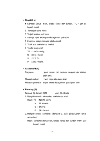 14
 Obyektif (o)
1 Kontrasi uterus baik, teraba keras dan bundar, TFU 1 jari di
bawah pusat
2 Terdapat loche rubra
3 Terjadi jahitan perineum
4 Adanya nyeri tekan pada luka jahitan preneum
5 Ekspresi wajah meringis bila bergerak
6 Tidak ada tanda-tanda infeksi
7 Tanda tanda vital
TD : 120/70 mmhg
N : 88 x / menit
S : 37,5 0c
P : 24 x / menit.
 Assesment (A)
Diagnosa : post partum hari pertama dengan luka jahitan
jalan lahir.
Masalah actual : nyeri pada luka jalan lahir
Masalah potensial : terjadi infeksi luka jahitan pada jalan lahir
 Planning (P)
Tanggal 29 Januari 2015 Jam 23.40 wita
1. Mengobservasi / memantau tanda-tanda vital
Hasil : TD : 120/70 Mmhg
N : 88 X/Menit
S : 37,0 0C
P : 24 x / menit
2. Mengobservasi kontraksi uterus,TFU, dan pengeluaran lokia
setiap hari
Hasil : kontraksi uterus baik, teraba keras dan bundar, TFU 1 jari
bawah pusat
 