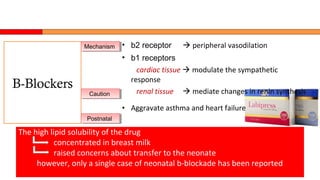 • b2 receptor  peripheral vasodilation
• b1 receptors
cardiac tissue  modulate the sympathetic
response
renal tissue  mediate changes in renin synthesis
• Aggravate asthma and heart failure
The high lipid solubility of the drug
concentrated in breast milk
raised concerns about transfer to the neonate
however, only a single case of neonatal b-blockade has been reported
B-Blockers
MechanismMechanism
CautionCaution
PostnatalPostnatal
 