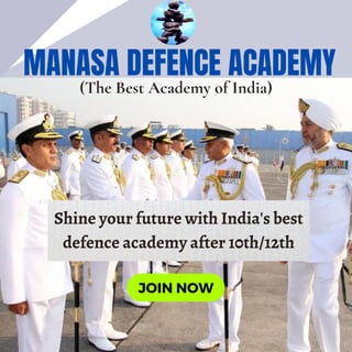 JOIN NOW
MANASA DEFENCE ACADEMY
(The Best Academy of India)
Shine your future with India's best
defence academy after 10th/12th
 