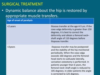 SURGICAL TREATMENT
• Dynamic balance about the hip is restored by
appropriate muscle transfers.
Age of onset of paralysis
<2 years Iliosoas transfer at the age 4-5 yrs. If the
coxa valga deformity is greater than 150
degrees, it is best to correct the
deformity and obtain a femoral neck–
shaft angle of 110 degrees before
iliopsoas transfer.
>2years iliopsoas transfer may be postponed
and the stability of the hip monitored
periodically. When the coxa valga
exceeds 160 degrees and the femoral
head starts to subluxate laterally,
varization osteotomy is performed. In
patients younger than 6 years, the
femoral neck–shaft angle is reduced to
105 degrees; in older patients the angle
is corrected to 125 degrees.
 