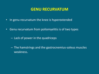 GENU RECURVATUM
• In genu recurvatum the knee is hyperextended
• Genu recurvatum from poliomyelitis is of two types
– Lack of power in the quadriceps
– The hamstrings and the gastrocnemius-soleus muscles
weakness.
 