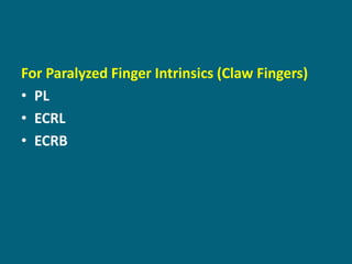 For Paralyzed Finger Intrinsics (Claw Fingers)
• PL
• ECRL
• ECRB
 
