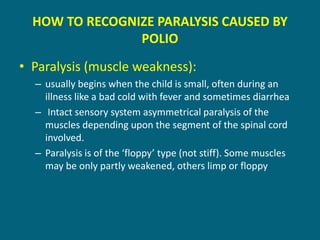 HOW TO RECOGNIZE PARALYSIS CAUSED BY
POLIO
• Paralysis (muscle weakness):
– usually begins when the child is small, often during an
illness like a bad cold with fever and sometimes diarrhea
– Intact sensory system asymmetrical paralysis of the
muscles depending upon the segment of the spinal cord
involved.
– Paralysis is of the ‘floppy’ type (not stiff). Some muscles
may be only partly weakened, others limp or floppy
 