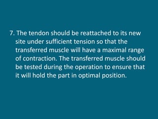 7. The tendon should be reattached to its new
site under sufficient tension so that the
transferred muscle will have a maximal range
of contraction. The transferred muscle should
be tested during the operation to ensure that
it will hold the part in optimal position.
 