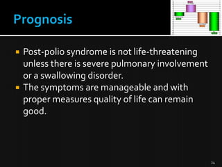 



Post-polio syndrome is not life-threatening
unless there is severe pulmonary involvement
or a swallowing disorder.
The symptoms are manageable and with
proper measures quality of life can remain
good.

24

 