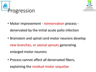 Progression
• Motor improvement - reinnervation process -
denervated by the initial acute polio infection
• Brainstem and spinal cord motor neurons develop
new branches, or axonal sprouts generating
enlarged motor neurons
• Process cannot affect all denervated fibers,
explaining the residual motor sequelae
 