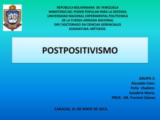 POSTPOSITIVISMO
REPÚBLICA BOLIVARIANA DE VENEZUELA
MINISTERIO DEL PODER POPULAR PARA LA DEFENSA
UNIVERSIDAD NACIONAL EXPERIMENTAL POLITECNICA
DE LA FUERZA ARMADA NACIONAL
DIP/ DOCTORADO EN CIENCIAS GERENCIALES
ASIGNATURA: MÉTODOS.
GRUPO 2:
Alzualde Ester.
Peña Vladimir.
Sanabria María.
PROF.: DR. Fremiot Gámez
CARACAS, 31 DE MAYO DE 2013.
 