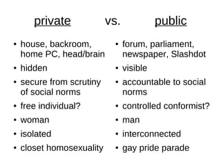 private             vs.             public
    house, backroom,             forum, parliament,
●                          ...