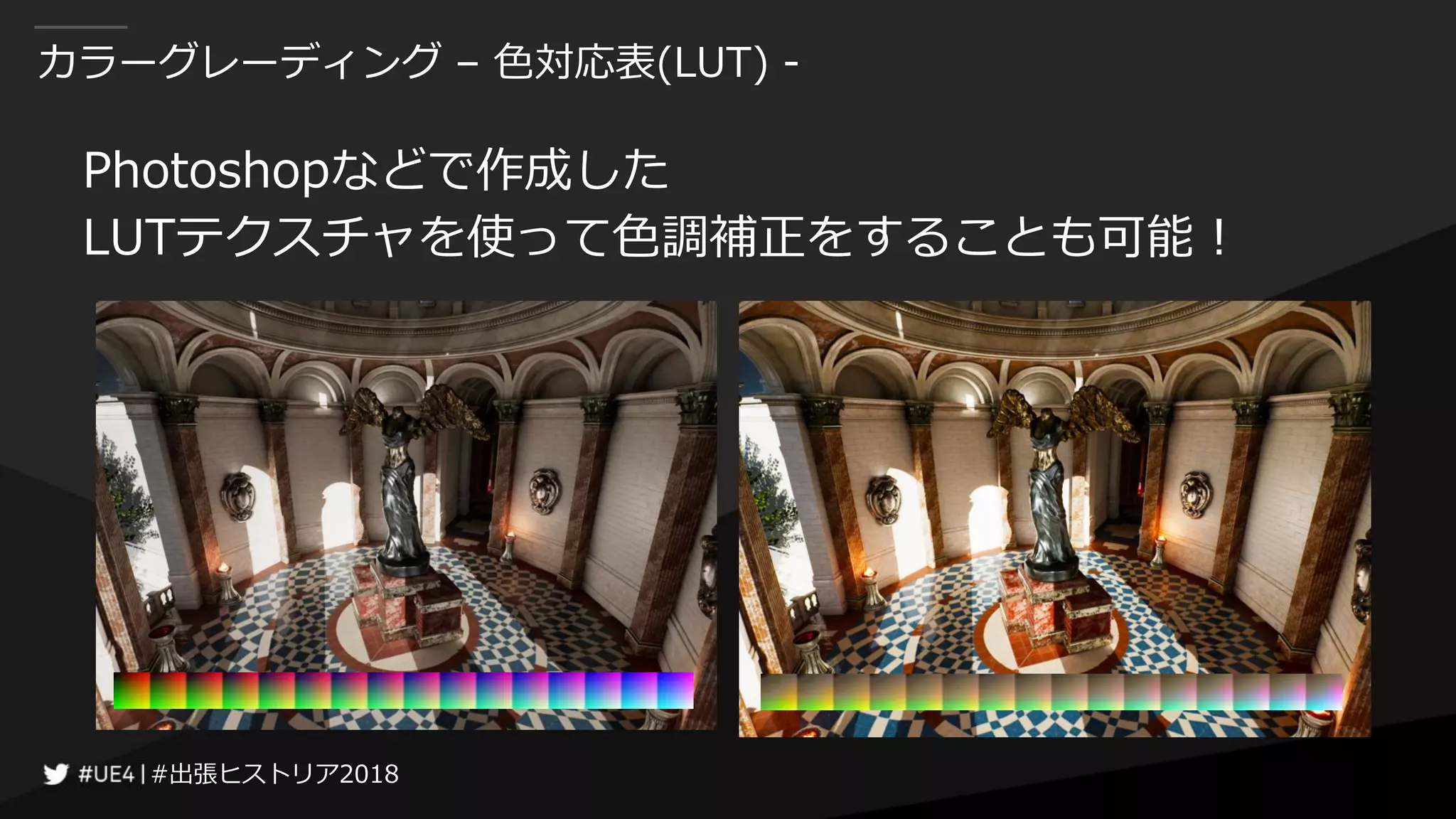 #出張ヒストリア2018#出張ヒストリア2018
カラーグレーディング – 色対応表(LUT) -
Photoshopなどで作成した
LUTテクスチャを使って色調補正をすることも可能！
 