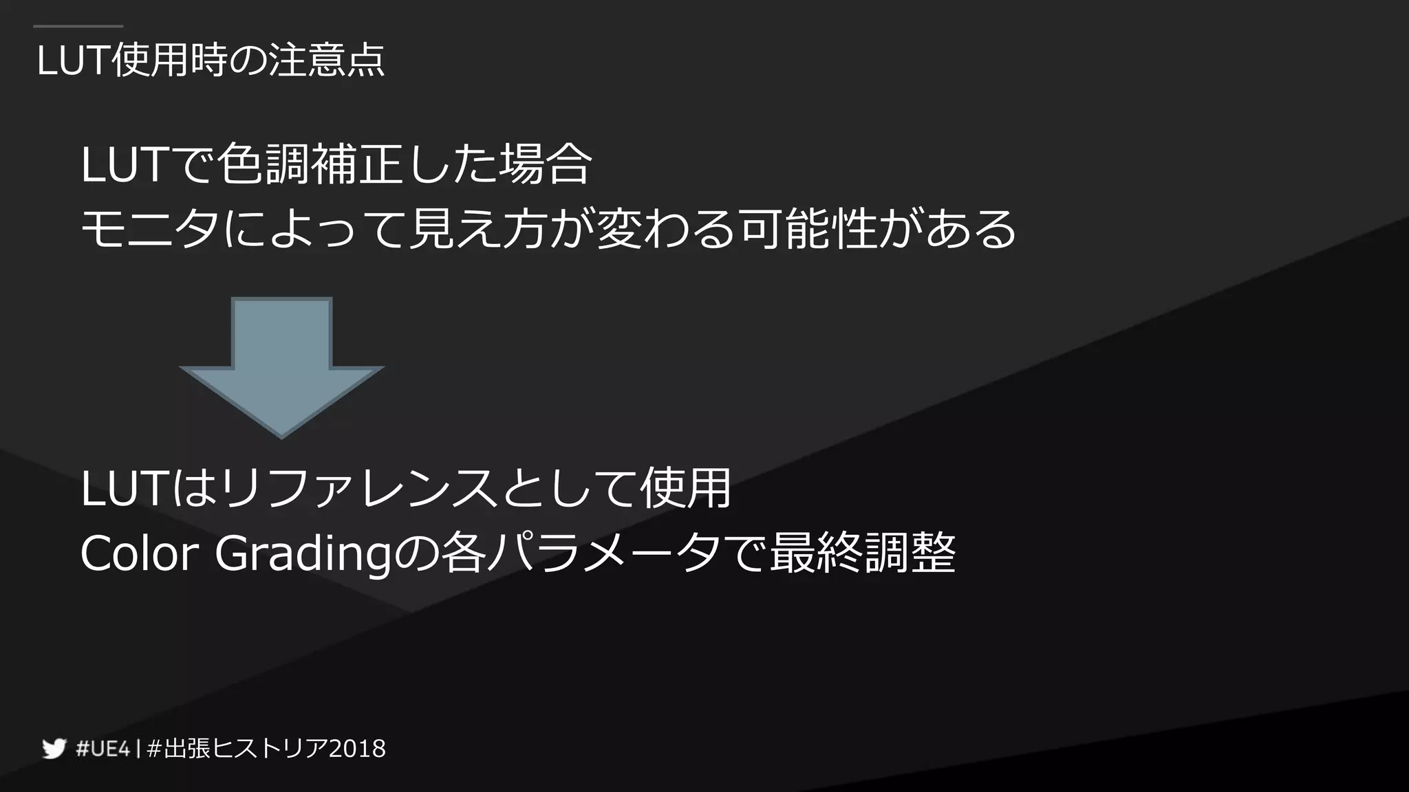 #出張ヒストリア2018#出張ヒストリア2018
LUT使用時の注意点
LUTで色調補正した場合
モニタによって見え方が変わる可能性がある
LUTはリファレンスとして使用
Color Gradingの各パラメータで最終調整
 