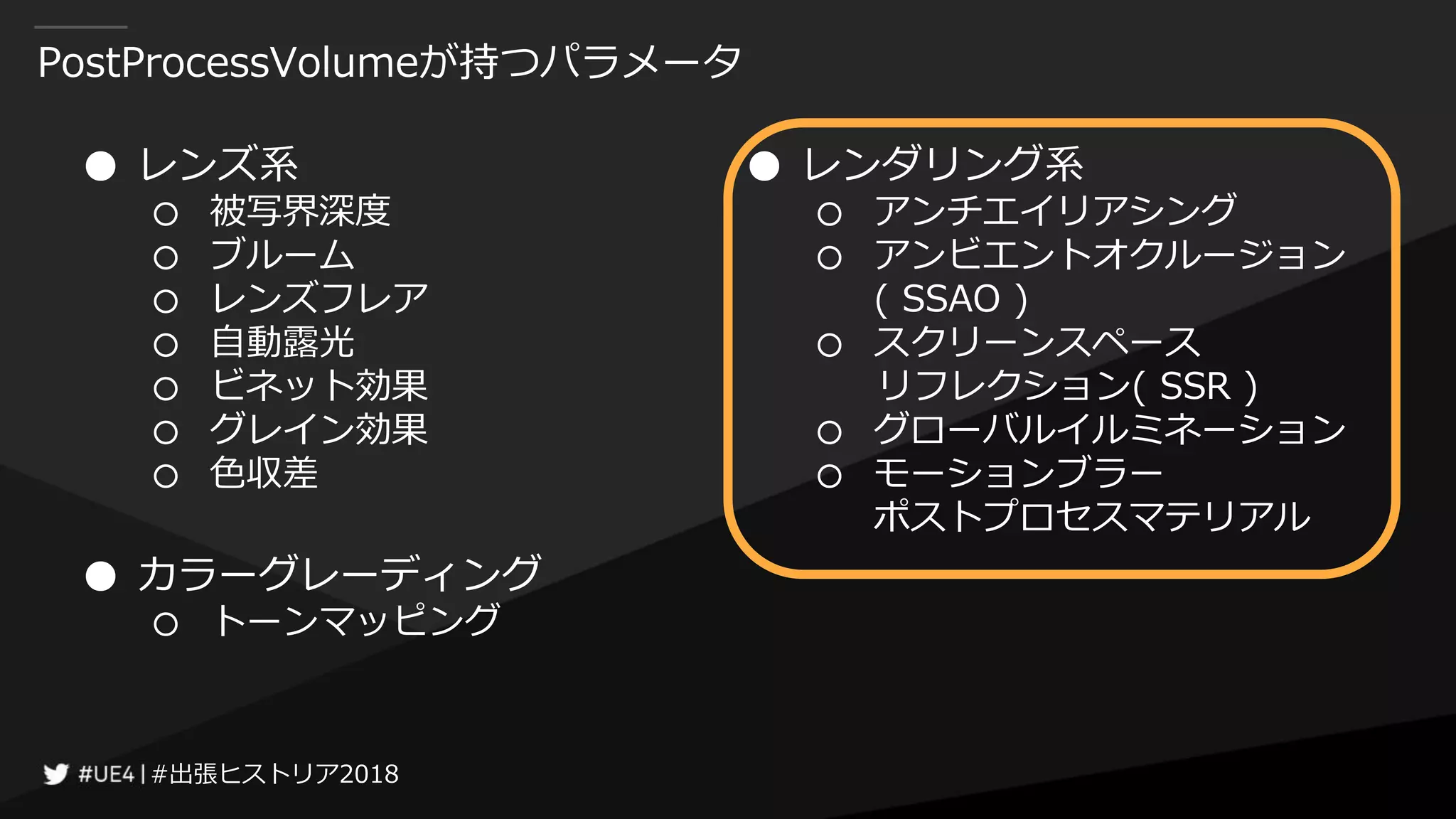 #出張ヒストリア2018#出張ヒストリア2018
PostProcessVolumeが持つパラメータ
● レンズ系
○ 被写界深度
○ ブルーム
○ レンズフレア
○ 自動露光
○ ビネット効果
○ グレイン効果
○ 色収差
● カラーグレーディング
○ トーンマッピング
● レンダリング系
○ アンチエイリアシング
○ アンビエントオクルージョン
( SSAO )
○ スクリーンスペース
リフレクション( SSR )
○ グローバルイルミネーション
○ モーションブラー
ポストプロセスマテリアル
 