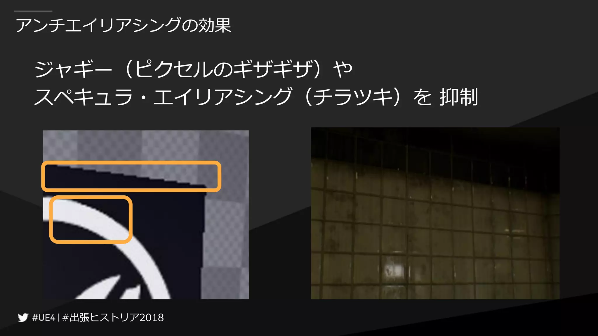 #出張ヒストリア2018#出張ヒストリア2018
アンチエイリアシングの効果
ジャギー（ピクセルのギザギザ）や
スペキュラ・エイリアシング（チラツキ）を 抑制
 