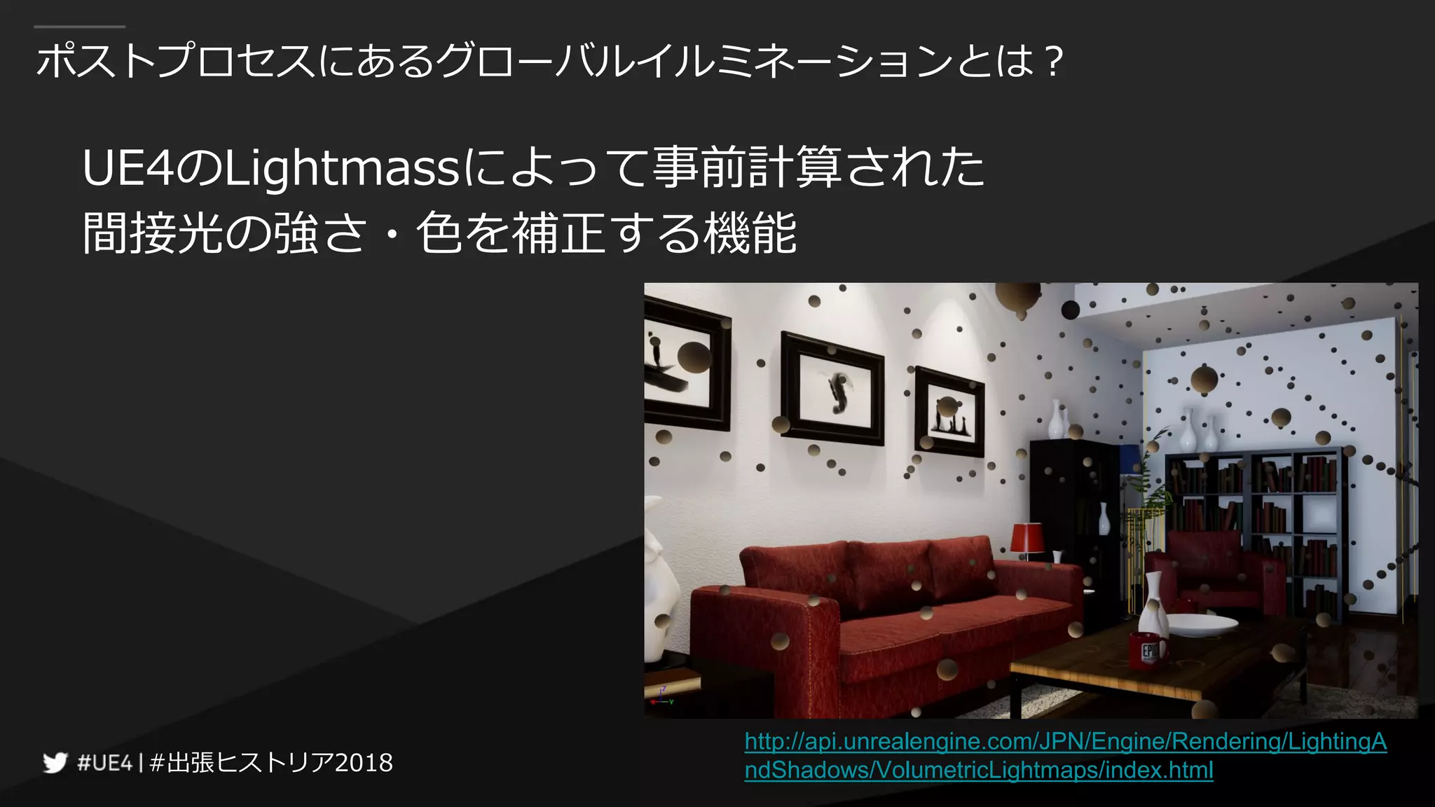 #出張ヒストリア2018#出張ヒストリア2018
ポストプロセスにあるグローバルイルミネーションとは？
UE4のLightmassによって事前計算された
間接光の強さ・色を補正する機能
http://api.unrealengine.com/JPN/Engine/Rendering/LightingA
ndShadows/VolumetricLightmaps/index.html
 