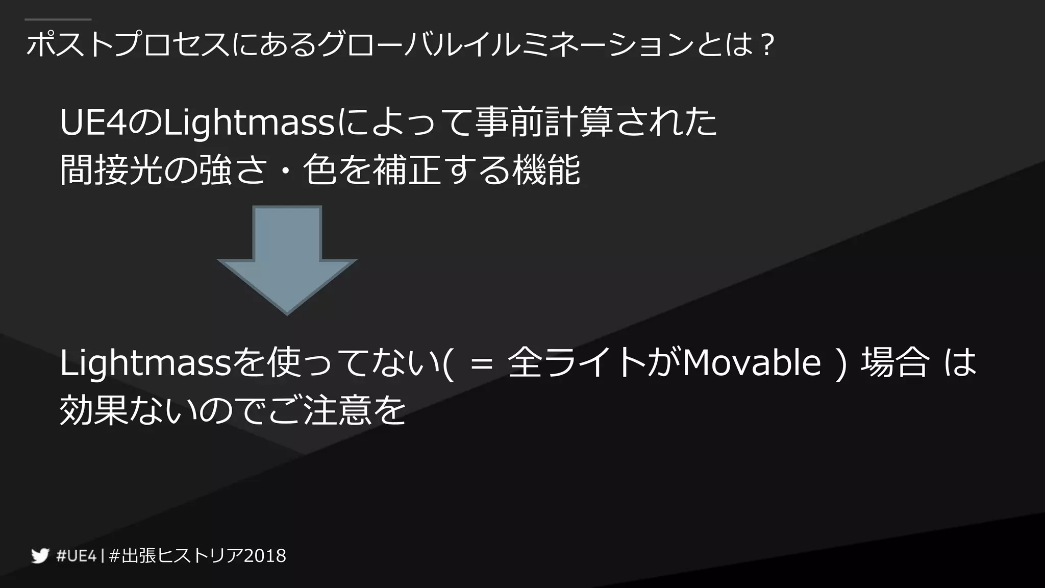 #出張ヒストリア2018#出張ヒストリア2018
ポストプロセスにあるグローバルイルミネーションとは？
UE4のLightmassによって事前計算された
間接光の強さ・色を補正する機能
Lightmassを使ってない( = 全ライトがMovable ) 場合 は
効果ないのでご注意を
 