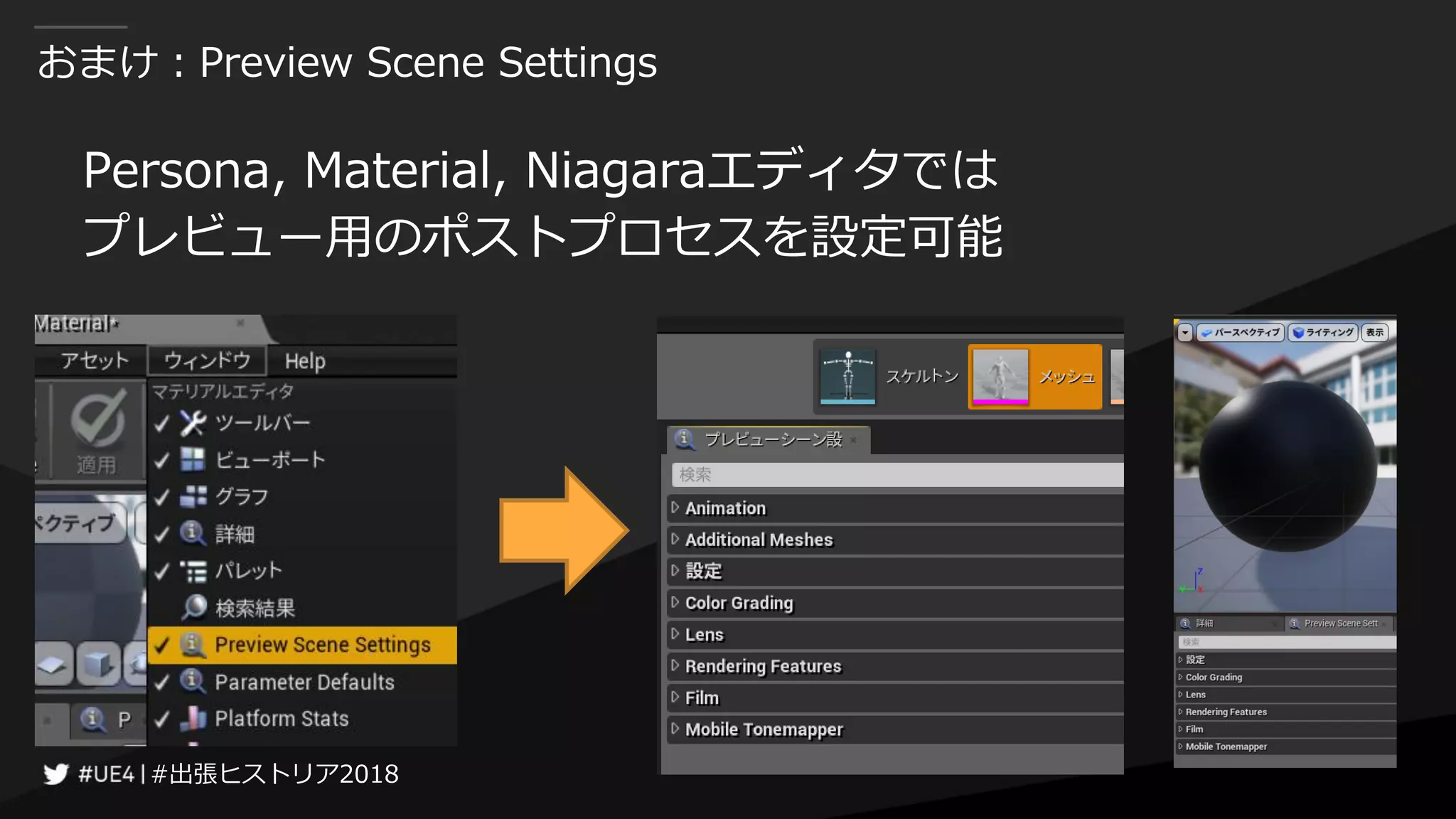 #出張ヒストリア2018#出張ヒストリア2018
おまけ：Preview Scene Settings
Persona, Material, Niagaraエディタでは
プレビュー用のポストプロセスを設定可能
 