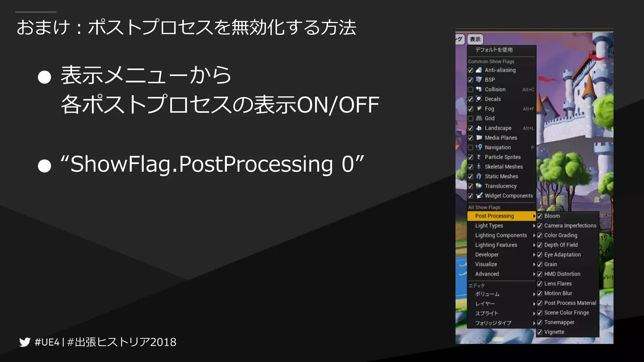 #出張ヒストリア2018#出張ヒストリア2018
おまけ：ポストプロセスを無効化する方法
● 表示メニューから
各ポストプロセスの表示ON/OFF
● “ShowFlag.PostProcessing 0”
 