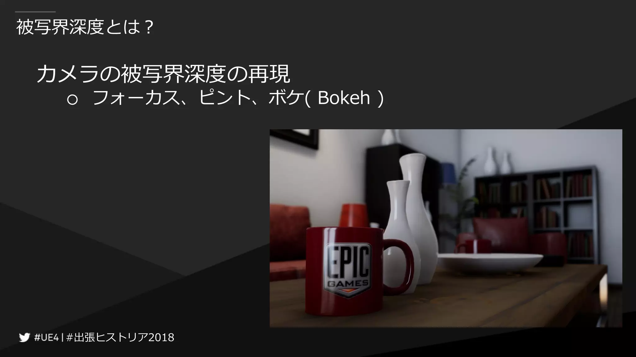 #出張ヒストリア2018#出張ヒストリア2018
被写界深度とは？
カメラの被写界深度の再現
○ フォーカス、ピント、ボケ( Bokeh )
 