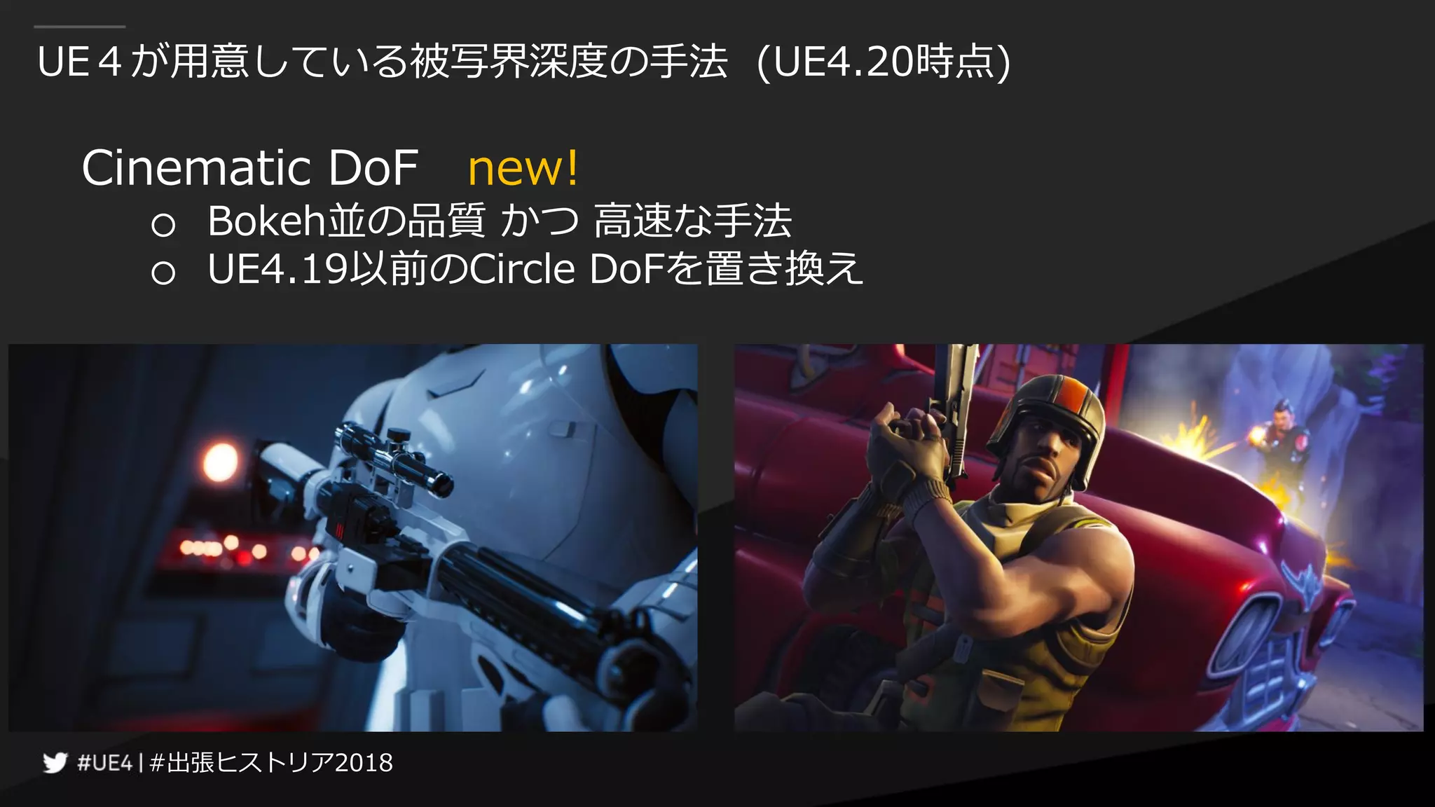 #出張ヒストリア2018#出張ヒストリア2018
UE４が用意している被写界深度の手法 (UE4.20時点)
Cinematic DoF new!
○ Bokeh並の品質 かつ 高速な手法
○ UE4.19以前のCircle DoFを置き換え
 