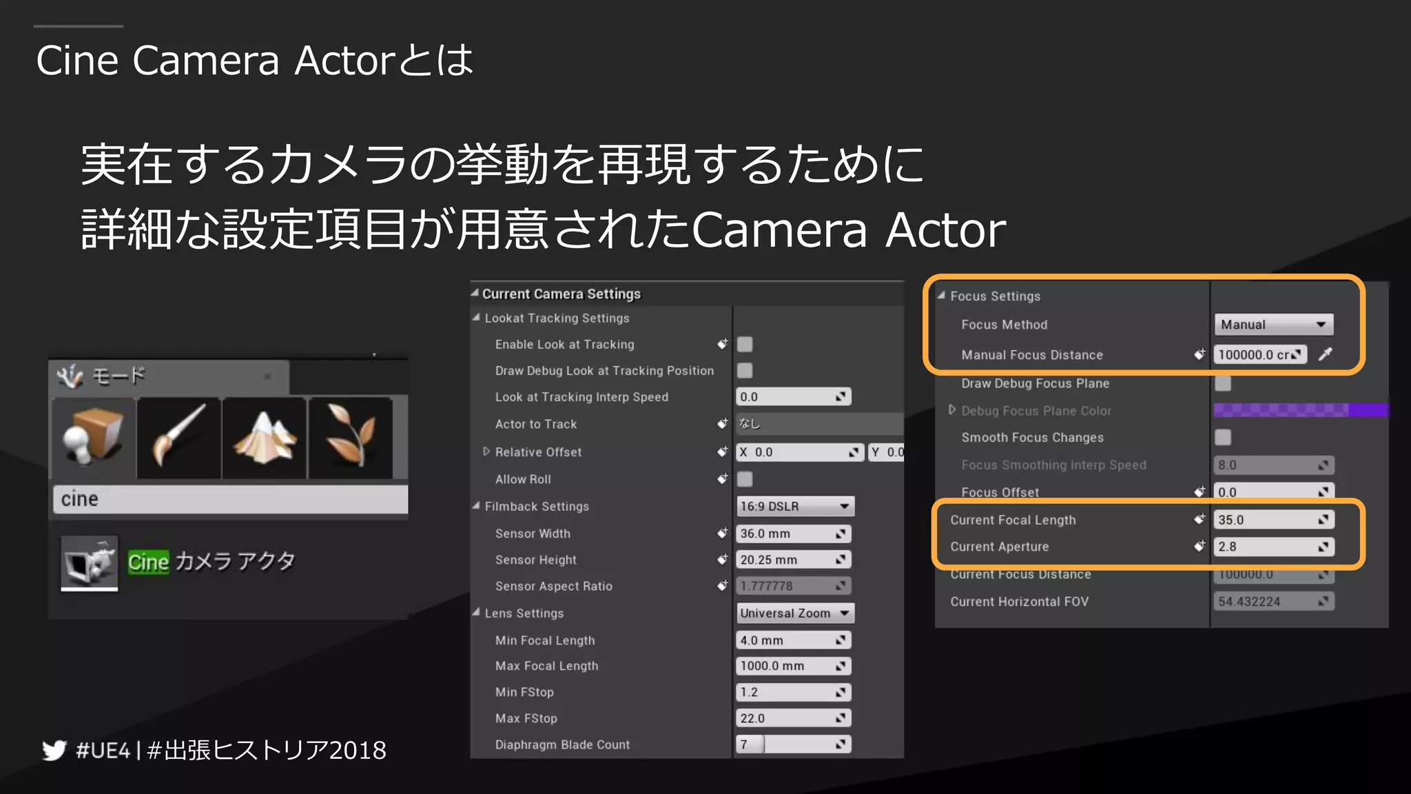 #出張ヒストリア2018#出張ヒストリア2018
Cine Camera Actorとは
実在するカメラの挙動を再現するために
詳細な設定項目が用意されたCamera Actor
 