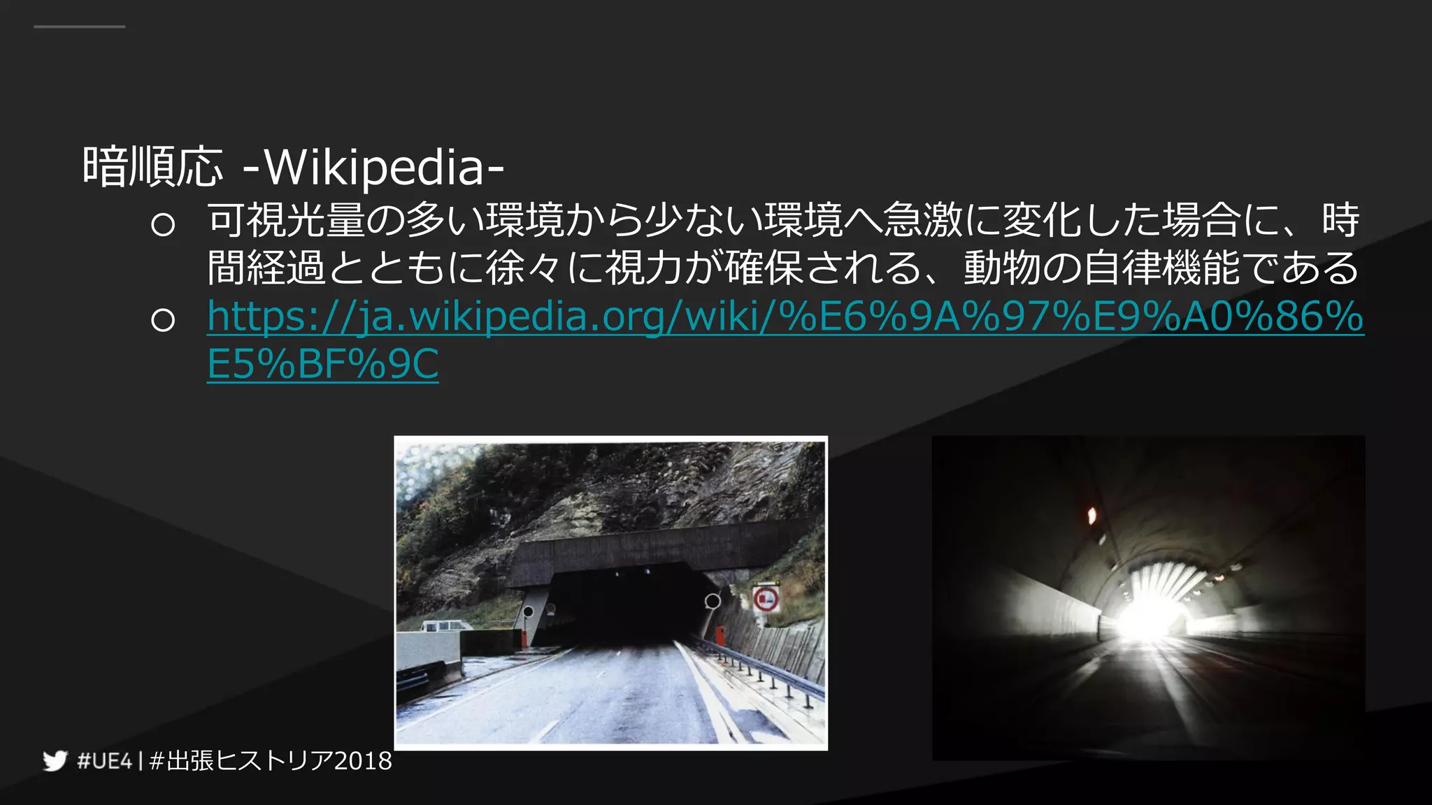 #出張ヒストリア2018#出張ヒストリア2018
暗順応 -Wikipedia-
○ 可視光量の多い環境から少ない環境へ急激に変化した場合に、時
間経過とともに徐々に視力が確保される、動物の自律機能である
○ https://ja.wikipedia.org/wiki/%E6%9A%97%E9%A0%86%
E5%BF%9C
 