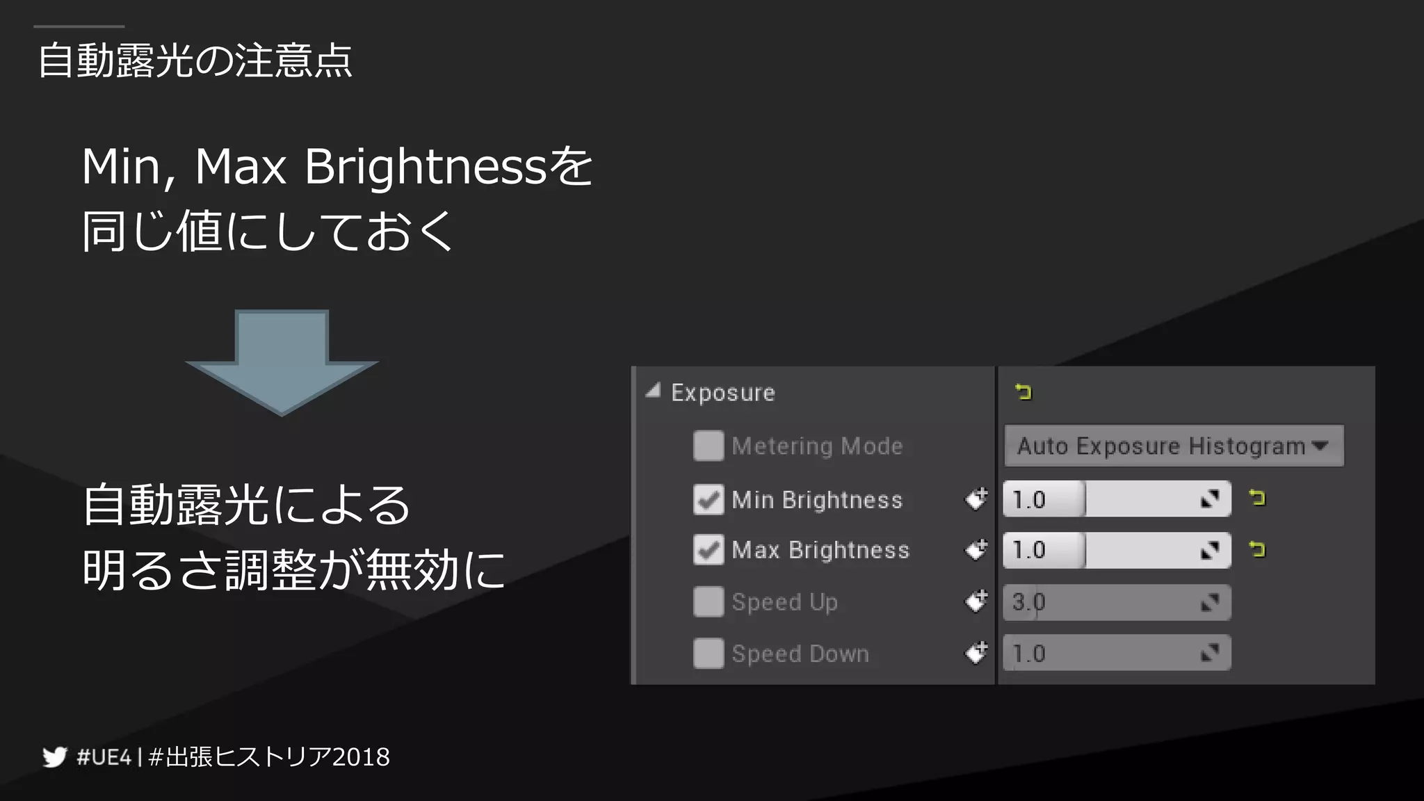 #出張ヒストリア2018#出張ヒストリア2018
自動露光の注意点
Min, Max Brightnessを
同じ値にしておく
自動露光による
明るさ調整が無効に
 