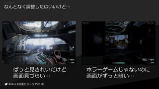 #出張ヒストリア2018#出張ヒストリア2018
なんとなく調整したはいいけど…
ぱっと見きれいだけど
画面見づらい…
ホラーゲームじゃないのに
画面がずっと暗い…
 