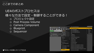 #出張ヒストリア2018#出張ヒストリア2018
ここまでのまとめ
UE4のポストプロセスは
様々な方法で設定・制御することができる！
○ プロジェクト設定
○ Post Process Volume
○ Camera Component
○ Blueprint
○ Sequencer
 