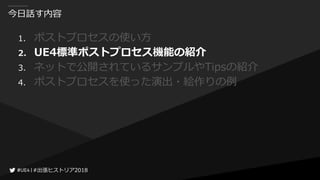 #出張ヒストリア2018#出張ヒストリア2018
今日話す内容
1. ポストプロセスの使い方
2. UE4標準ポストプロセス機能の紹介
3. ネットで公開されているサンプルやTipsの紹介
4. ポストプロセスを使った演出・絵作りの例
 