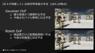 #出張ヒストリア2018#出張ヒストリア2018
UE４が用意している被写界深度の手法 (UE4.20時点)
Gaussian DoF
○ 最も高速かつ簡易的な手法
○ 今後はモバイル専用になる予定
Bokeh DoF
○ 高品質だけど処理負荷高い手法
○ 今後は非推奨になる予定
 