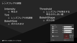 #出張ヒストリア2018#出張ヒストリア2018
レンズフレアの調整
Intensity
○ 明るさ
Tint
○ レンズフレアの色調整
BokehSize
○ ボケの大きさ
Threshold
○ レンズフレアを発生する
明るさのしきい値
BokehShape
○ ボケの形
 
