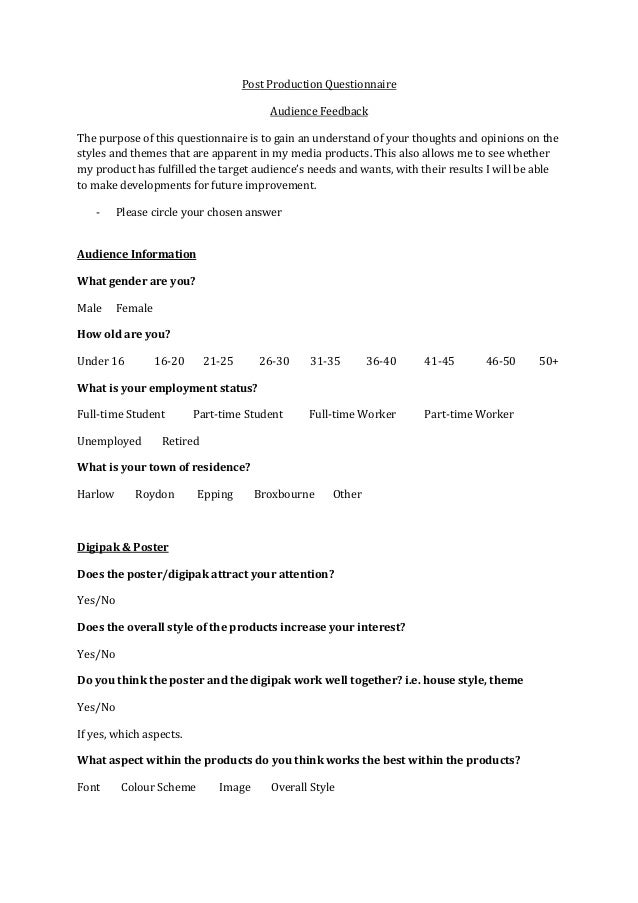 Post production questionnaire