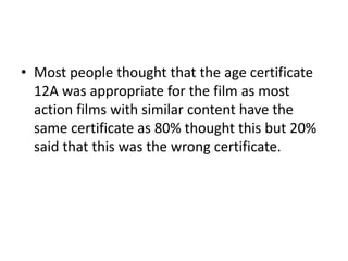 • Most people thought that the age certificate
12A was appropriate for the film as most
action films with similar content have the
same certificate as 80% thought this but 20%
said that this was the wrong certificate.

 