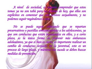 A nivel  de sociedad, es urgente comprender que estos temas ya no son tabú para los jóvenes de hoy, que ellos son explícitos en comentar que son activos sexualmente, y no podemos seguir negándonos a esto.  No se puede seguir criticando que se repartan preservativos o pastillas anticonceptivas a los adolescentes, ya que son conductas que están instauradas en ellos, y a corto plazo, es la única forma de prevenir más embarazos adolescentes, ya que si bien es cierto, es importante realizar un cambio de conductas sexuales en la juventud, este es un proceso de largo plazo, y mientras eso sucede se deben buscar medidas de prevención.  
