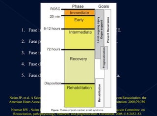 Fase inmediata: los primeros 20 min tras la RCE.  Fase precoz: desde los 20 min hasta las 6–12 h. Fase intermedia: desde las 6–12 hasta las 72 h.  Fase de recuperación: a partir de las 72 h.  Fase de rehabilitación: desde el alta hospitalaria. Nolan JP, et al. A Scientific Statement from the International Liaison Committee on Resuscitation; the American Heart Association Emergency Cardiovascular Care Committee. Resuscitation. 2008;79:350–79.  Neumar RW , Nolan JP , et al. A consensus statement from the International Liaison Committee  on Resuscitation, pathophysiology, treatment, and prognostication. Circulation. 2008;118:2452–83.  