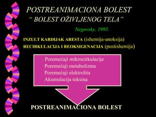 POSTREANIMACIONA BOLEST
“ BOLEST OŽIVLJENOG TELA”
Negovsky, 1995.
INZULT KARDIJAK ARESTA (ishemija-anoksija)
RECIRKULACIJA I REOKSIGENACIJA (postishemija)
Poremećaji mikrocirkulacije
Poremećaji metabolizma
Poremećaji elektrolita
Akumulacija toksina
POSTREANIMACIONA BOLEST
 