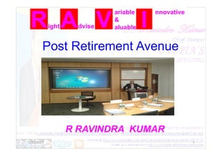 ight dvise
ariable
&
aluable
nnovative
Post Retirement Avenue
R RAVINDRA KUMAR
12/30/2021 1
 