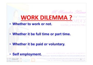 WORK DILEMMA ?
• Whether to work or not.
• Whether it be full time or part time.
14
• Whether it be full time or part time.
• Whether it be paid or voluntary.
• Self employment.
12/30/2021
 