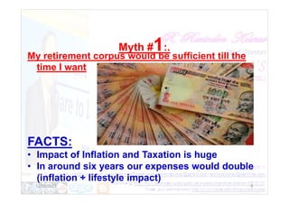 Myth #1:.
My retirement corpus would be sufficient till the
time I want
12/30/2021 6
FACTS:
• Impact of Inflation and Taxation is huge
• In around six years our expenses would double
(inflation + lifestyle impact)
 