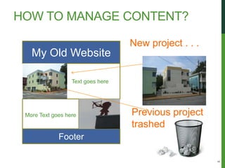 HOW TO MANAGE CONTENT?

                                   New project . . .
   My Old Website

                  Text goes here




 More Text goes here               Previous project
                                   trashed
             Footer




                                                       8
 