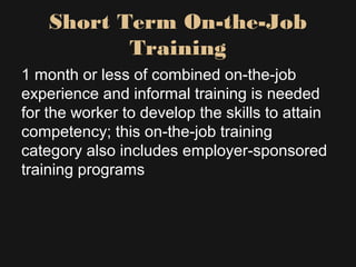 Short Term On-the-Job
Training
1 month or less of combined on-the-job
experience and informal training is needed
for the worker to develop the skills to attain
competency; this on-the-job training
category also includes employer-sponsored
training programs
 