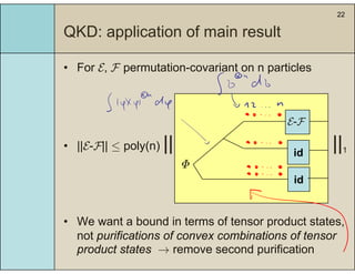 22
QKD: application of main resultQ pp
• For E, F permutation-covariant on n particlesFor E, F permutation covariant on n particles
|| ||
E-F
• ||E-F|| ≤ poly(n) || ||1
Φ
id
id
• We want a bound in terms of tensor product states,
not purifications of convex combinations of tensornot purifications of convex combinations of tensor
product states → remove second purification
 