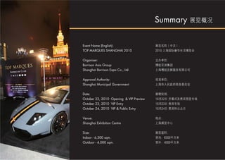 Summary


Event Name (English):
TOP MARQUES SHANGHAI 2010

Organiser:
Borrison Asia Group
Shanghai Borrison Expo Co., Ltd.


Approval Authority:
Shanghai Municipal Government

Date:
October 22, 2010 Opening & VIP Preview
October 23, 2010 VIP Entry
October 24, 2010 VIP & Public Entry


Venue:
Shanghai Exhibition Centre

Size:
Indoor - 6,300 sqm.
Outdoor - 4,000 sqm.
 