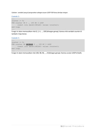 Catatan : variabel yang di pergunakan sebagai acuan LOOP FOR harus bertipe integer.

Contoh 2 :
...
counter := 0;
FOR counter IN 0 .. 100 BY 2 LOOP
      insert into deret1(NILAI) values (counter);
end loop;
...
Fungsi ini akan memasukkan nilai 0, 2, 4, ..., 100 (bilangan genap). Karena nilai variabel counter di
tambah 2 tiap iterasi.

Contoh 3 :
...
counter := 0;
FOR counter IN REVERSE 0 .. 100 BY 2 LOOP
      insert into deret1(NILAI) values (counter);
end loop;
...
Fungsi ini akan memasukkan nilai 100, 98, 96, ..., 0 (bilangan genap). Karena urutan LOOP di balik.




                                                                        11 | S t o r e d P r o c e d u r e
 